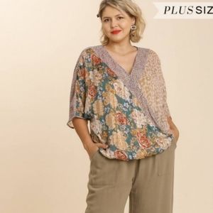 Umgee Teal Print Sheer Surplice Top XL